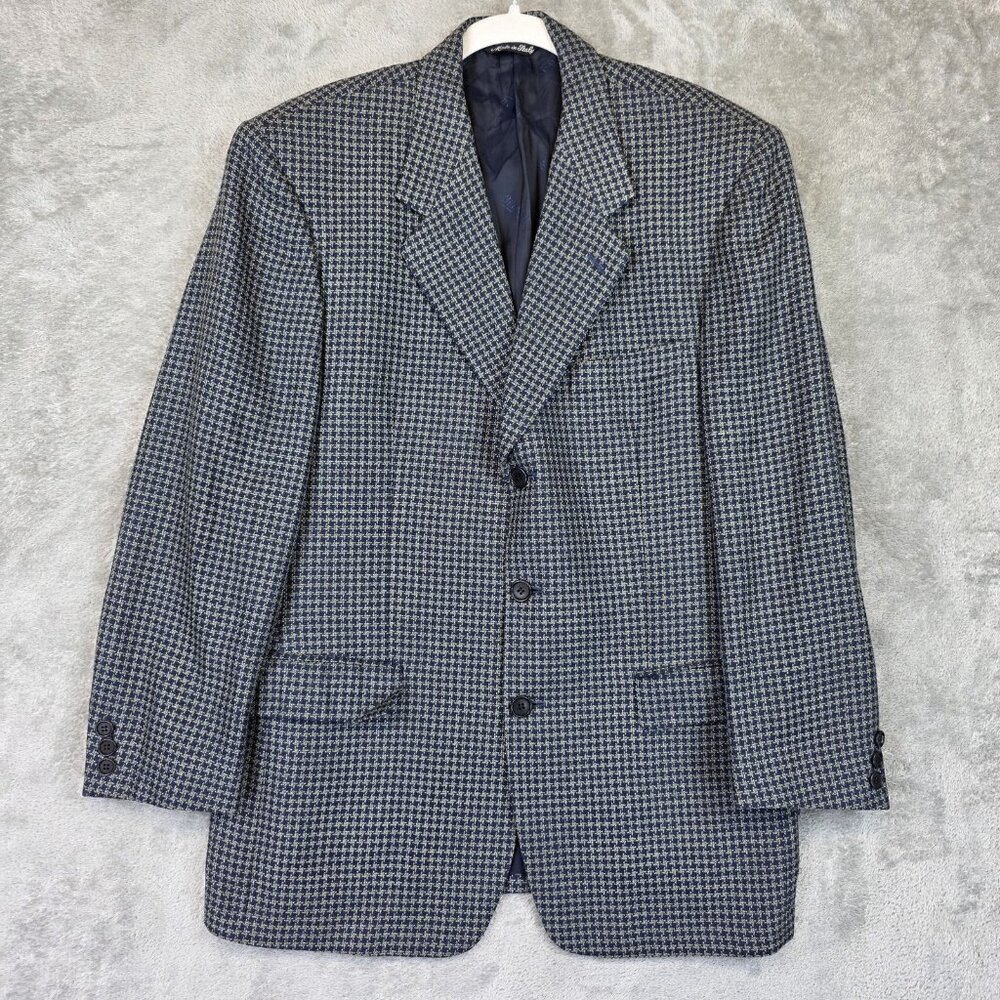 Bernini Blazer Mens 48 Navy Check Wool Silk Tweed 3 Button Made In Italy